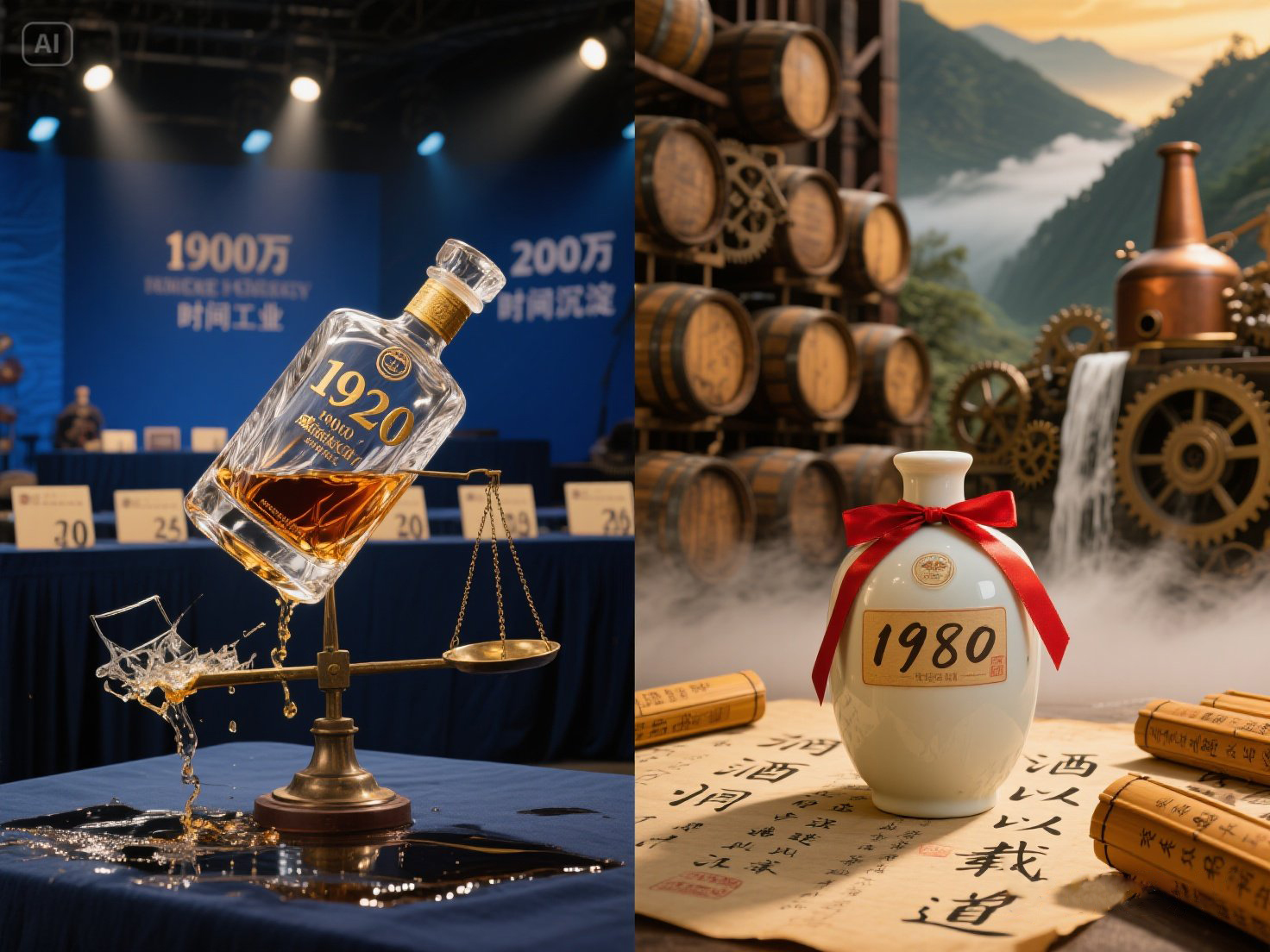 jimeng-2025-05-16-910-[威士忌年份酒特写（左）+ 茅台老酒特写（右）+ 破碎的天平（中）]元素：1900万威士忌年份酒瓶（复古水晶瓶身，鎏金年份标识_1920_，倾斜角度展现倾倒....jpg